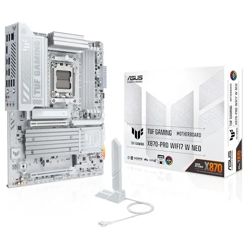 ASUS TUF GAMING X870-PRO WIFI7 W NEO - Placa base ATX AMD X870, 16+2+1 DrMOS, DDR5, PCIe 5.0, M.2, WiFi 7, Ethernet 5Gb, USB4, USB Tipo-C, SATA 6 Gbps, BIOS FlashBack, AEMP, AI Overclocking, Aura Sync