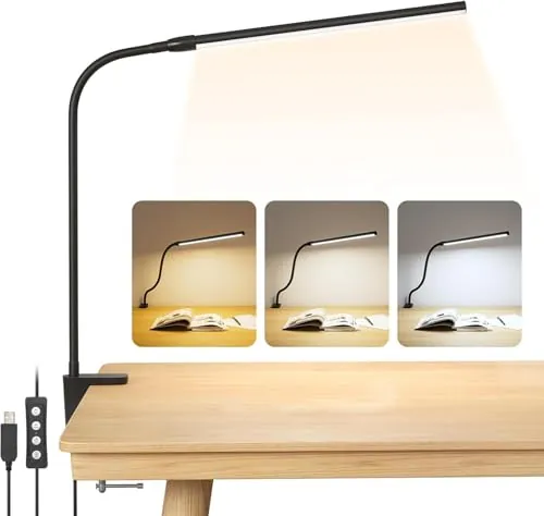 Lepro Lámpara Escritorio Pinza 460 LM Negro | Cuello Cisne Flexible 360°, Regulable, 3 Modo de Color, 10 Nivel de Brillo, Cuidado de Ojos para Oficina, Cabecera, Estudio