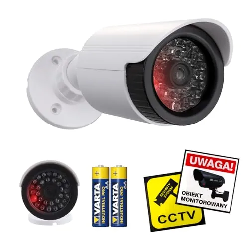 Maclean Cámara de vigilancia ficticia IR1800 con LED Parpadeante | Cámara ficticia Realista para Interiores y Exteriores | IP44 | Montaje Ajustable | Incluye Pegatinas de Advertencia (1, Blanco)