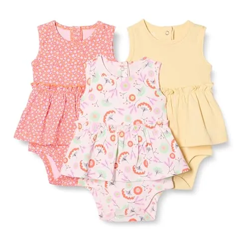 Amazon Essentials Vestidos Tipo Body sin Mangas Bebé Niña, Pack de 3, Amarillo Pálido/Floral, 0-3 meses