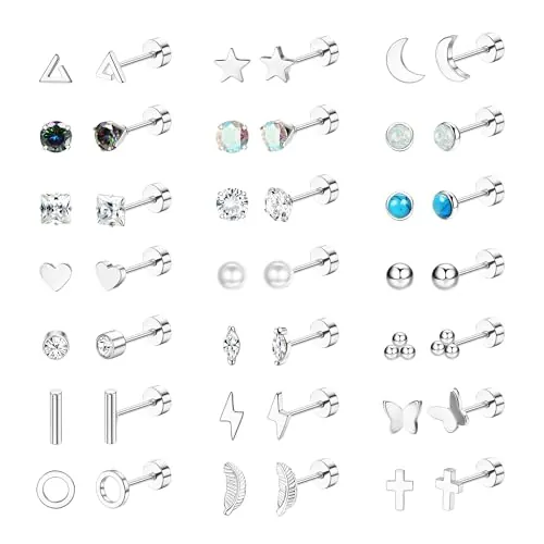 Diamday 21 Pares Pendientes de Acero Quirúrgico Hipoalergénicos para Mujer y Hombre - Piercing Oreja, Pequeños, Cartilago Tragusal, Joyería en Plata/Oro
