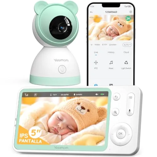 YESIMOM Camara Vigilancia Bebe 3MP, Monitor Bebe 5", WiFi 2.4G/5G, App | Vigilabebes Con Camara, Seguimiento Automático, Visión Nocturna 8m, Llanto, VOX, Audio Bidireccional, 360° PTZ