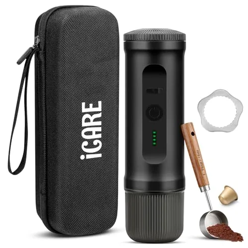 ICARE Cafetera Portatil, Compatible con Cápsulas NS y Café Molido, Calefacción Integrada, Carga Rápida USB-C, Indicador de Batería, Ideal para Acampadas, Senderismo, Viajes y Autocaravanas (Negro)
