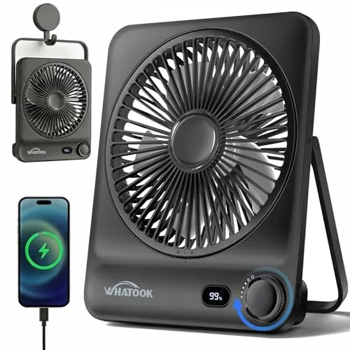 WHATOOK Ventilador de Mesa Portátil Recargable 10000mAh, 40h Autonomía, USB C Silencioso 30dB, 100 Velocidades, Pantalla Auto-Off, Rejilla Lavable, Gancho Camping Oficina Dormitorio