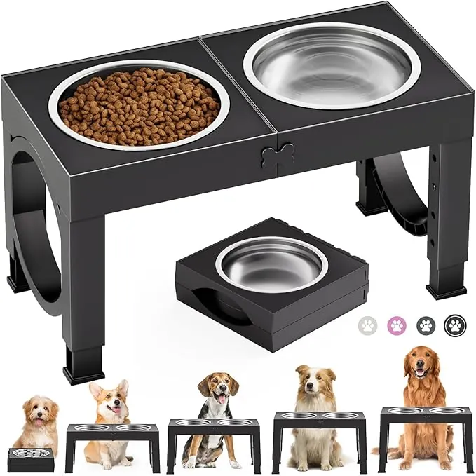 X XBEN Comedero Perro Elevado, 5 Alturas Ajustables, 2X1L Comedero y Bebedero Perro, para Perros Pequeños, Medianos y Grandes, Plegable y Antideslizante