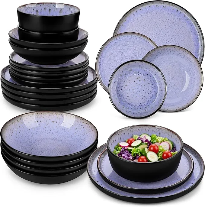 vancasso AMBER Juego de Vajilla Completo para 6 Personas, Plato Vajilla 24 Piezas de Gres - Platos Llanos, Platos de Postre, Ensaladeras y Cuencos - Apto para Lavavajillas, Esmalte Reactivo Violeta