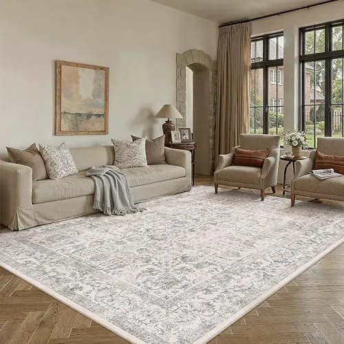 HUGEAR Alfombra Salon Gris Antideslizante Alfombras Lavables en Lavadora Tapetes para Sala 180x270cm Habitacion Dormitorio Comedor Flor Vintage Grande Tapete Pelo Corto tapete Quarto