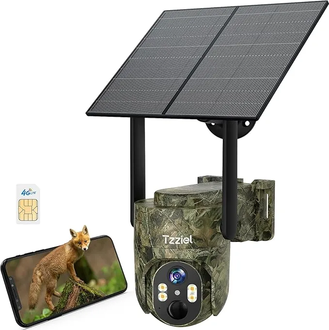 4G Camara Vigilancia Exterior Solar Sin WiFi con Tarjeta SIM, 2K PTZ Inalámbrico, 10400mAh, 6W Panel Solar, Visualización de 360 °, Detección de Movimiento, Audio Bidireccional, IP66