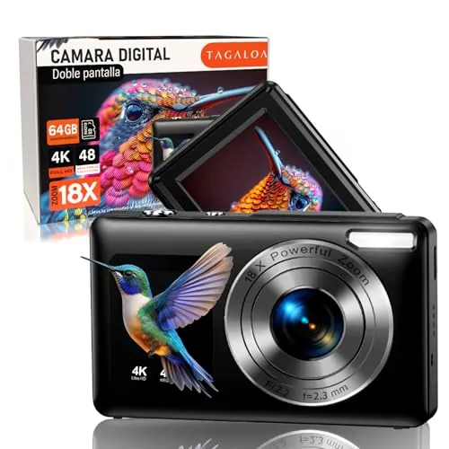 | TAGALOA® Camara De Fotos Digital con 48 MP + Tarjeta SD 64GB + Bolsa De Transporte | Zoom Digital 18X | Camara De Fotos | Camara Digital De Doble Pantalla | Cámara para Niños y Adolescentes