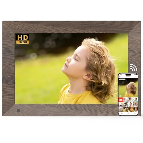 Marco de Fotos Digital WiFi 10.1 Pulgadas SONVGOO, Pantalla táctil IPS HD de 1280×800 con 32 GB, Sensor de Movimiento, Montaje en Pared, Comparte Videos y Fotos con La Aplicación FRAMEO, Marrón Madera