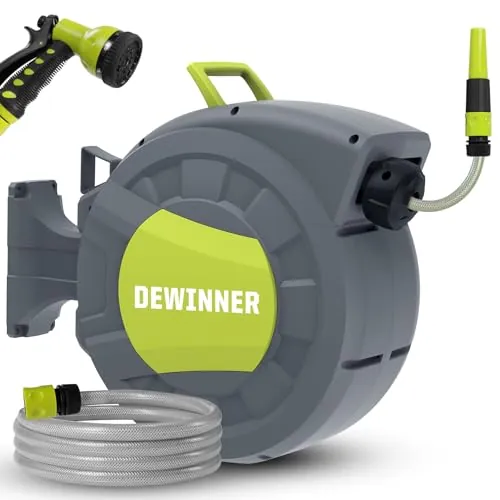 Carrete de Manguera de Jardín, DEWINNER Carrete Automático de Montaje en Pared con Boquilla de Pulverización, Soporte de Rebobinado Automático, Servicio Pesado, Manguera de 20+2M Riego Al Aire Libre