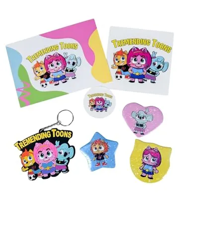 Pack broches, llavero, postal firmada y pegatinas Tremending Toons