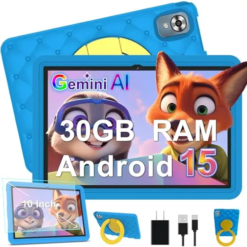 DMOAO Tablet para Niños 10 Pulgadas Android 15 con 30 GB RAM, 5G WiFi 6, Control Parental, 8-Core, 8MP + 5MP, 6000 mAh, Tablet Infantil con Funda Protectora EVA + Soporte 360° Giratorio, Azul