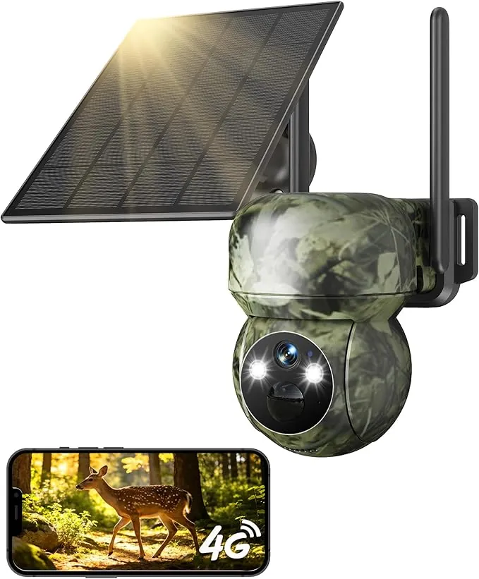 GNCC 4G LTE Camara Fototrampeo de Caza 360°PTZ, 2K Cámara Vigilancia Solar con Tarjeta SIM, Visión Nocturna en Color/Infrarrojos, Audio Bidireccional, IP65 Impermeable, para Caza y Monitoreo Remoto