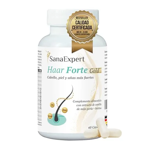 SanaExpert® Haar Forte Gold | Suplemento Capilar Vegano para Fortalecer el Cabello | Pastillas con Vitaminas, Bambú, Melanina, Biotina y Zinc | 60 Cápsulas | Fabricado en Alemania