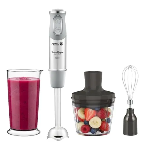 Moulinex QuickChef, Batidora de Mano 1000 W, Regulador de 10 Velocidad Turbo, 3 Accesorios para Picar y Montar y Vaso Medidor, Cúpula Antisalpicaduras, Acero Inoxidable, DD655D