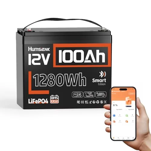 Humsienk Batería LiFePO4 12V 100Ah con Bluetooth, 1280Wh, BMS Inteligente y protección Baja Temperatura, 4000–15000 ciclos, batería Solar para Autocaravana, Barco y Sistema Fuera de Red