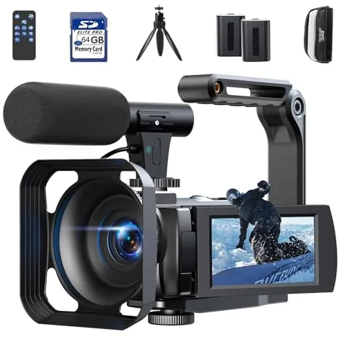 Videocámara 5K 56MP Cámara Vlog para YouTube, WiFi, Visión Nocturna IR, Zoom Digital 16X, Pantalla Táctil 3", Cámara web, Micrófono Externo, 2 Baterías, Tarjeta 64GB, Mando a Distancia, Trípode