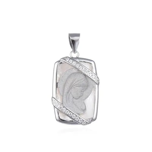 Minoplata Medalla Virgen Niña de Plata de ley rodiada mate brillo con Circonitas