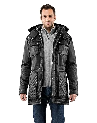 Vincenzo Boretti Chaquetón de hombre para invierno, forro caliente y suave incluso los bolsillos y la capucha desmontable con piel sintética, elegante pespuntes decorativos negro S