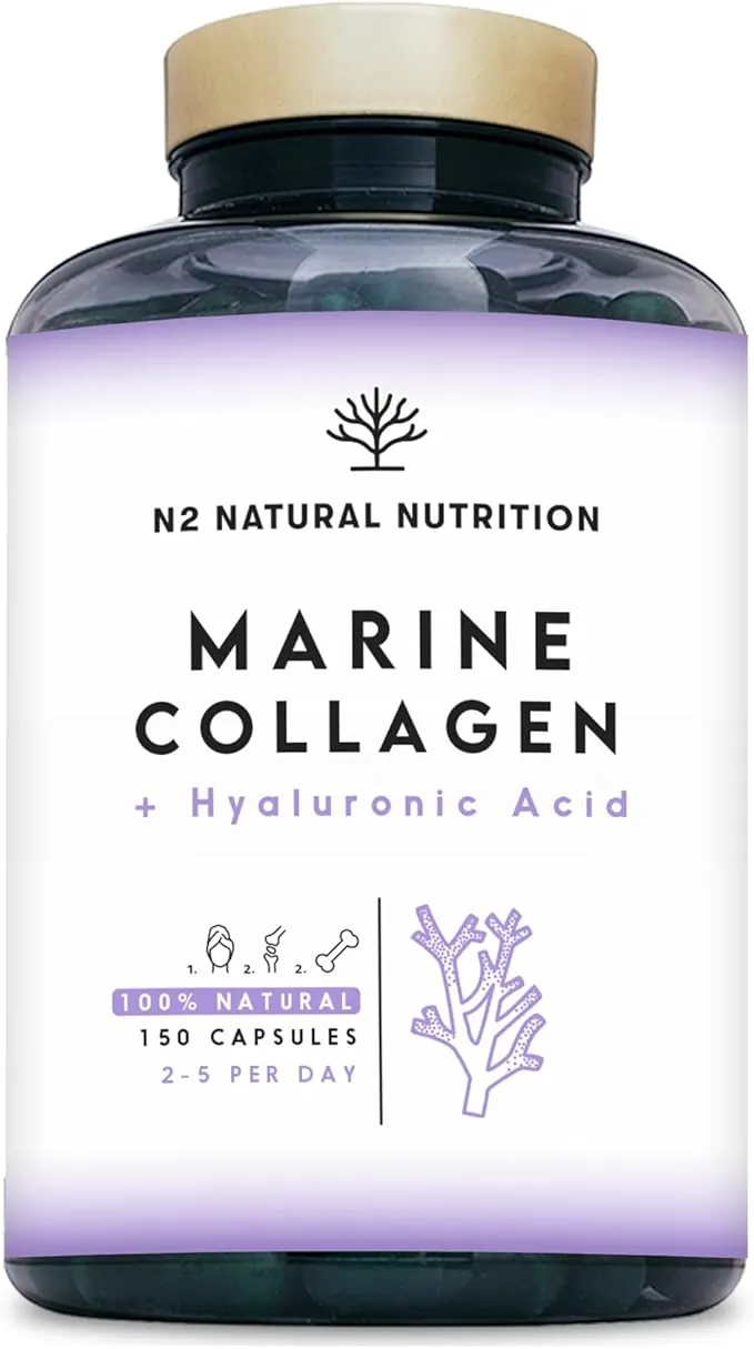 Colageno con Magnesio y Acido Hialuronico. Vitamina C. 150 Cápsulas Suministro 75 días. Alta Concentración. Cuidado de Articulaciones, Piel y Huesos. Colágeno Marino PEPTAN. CE.N2 Natural Nutrition
