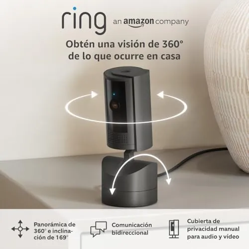 Cámara interior orientable Ring (Pan-Tilt Indoor Camera) | Cámara de seguridad con enchufe, para mascotas, orientable 360° en horizontal y 169° en vertical | Ring Protect gratis 30 días