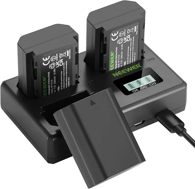 NEEWER Paquete de 3 NP-FZ100 Baterías Repuesto y Cargador Triple Compatible con A9 III, A9 II, A9, A7RV, A7R IV, A7R III, A7 IV, A7 III, A6700, A6600, A7C, A1, ZV-E1, ZV-E10 II, FX3, FX30, 2280 mAh