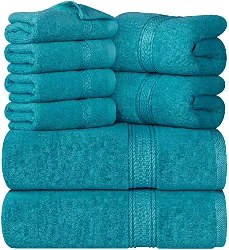 Utopia Towels - Juego Toallas Baño Completo 8 Piezas (Turquesa) | Juego de 8 piezas con 2 toallas de baño, 2 de mano y 4 de lavabo. Suaves, absorbentes, resistentes y lavables.