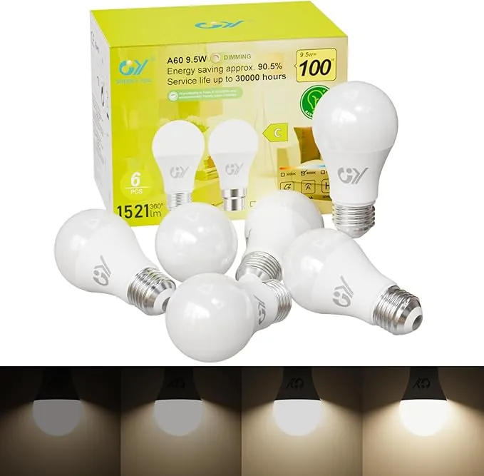 GY Bombilla LED E27 Luz Natural 4000K, 9.5W (Eq. 100W) 1521LM Dimmable (Protección Ocular), Ángulo 280°, Sin Parpadeo, CRI＞80, A60 Bombillas Regulable Blanco Neutro, 6 Pieza