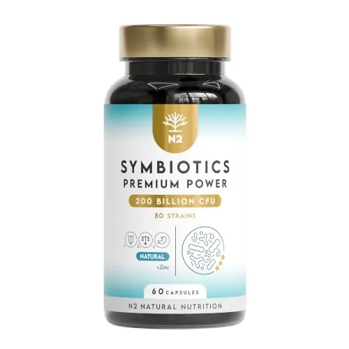 Symbiotics Premium Power, 200 Billones UFC por Dosis, 80 Cepas, Probióticos + Prebióticos + Postbióticos, con Zinc y Lactobacillus rhamnosus CLR-1, 60 Cápsulas. N2 Natural Nutrition