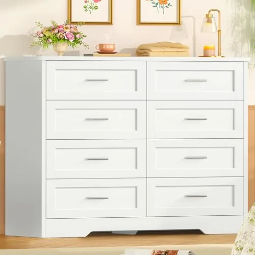 SLINEMO Comoda Dormitorio 8 Cajones Blanca, Cómoda y Cajonera Multifunción para Dormitorio - Sinfonier Blanco de Gran Capacidad, Ideal para Salón y Entrada, 107x35x96.5cm