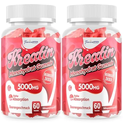 Creatine Gummies Complex 5000 mg por Porción, Fórmula 5 en 1 con Taurina y Vitamina B6, Monohidrato de Creatina Masticable para Hombres y Mujeres, Sabor a Frutos Rojos (60 Unidad (Paquete de 2))