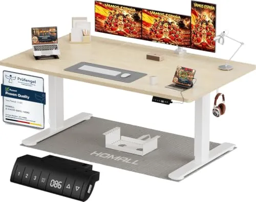 Homall Escritorio eléctrico de pie de 140 x 80 cm con gancho de carga USB, escritorio ajustable en altura con 3 paneles inteligentes de memoria, soporte para escritorios de oficina en casa con tablero