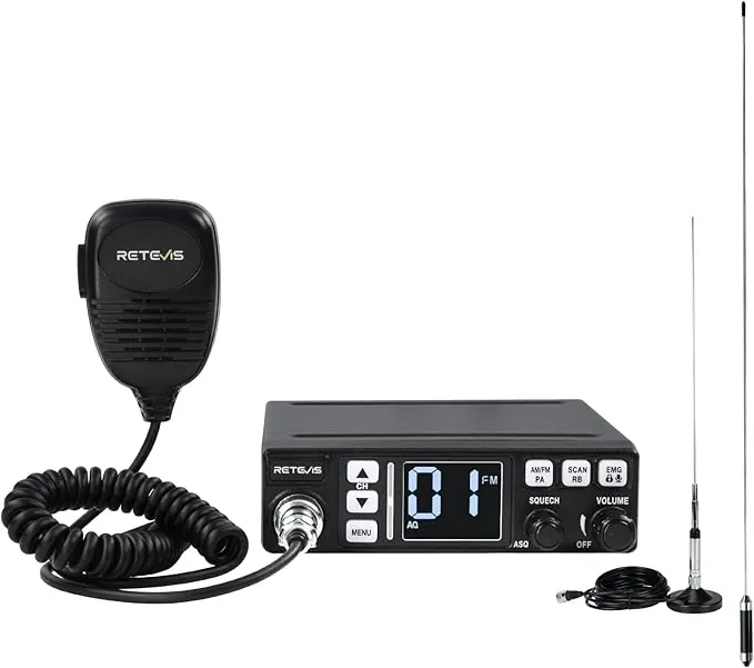 Retevis MB63 Radio CB con Antena, Kit Completo con Función PA, Pantalla LCD, Am/FM, ANL, VOX, SQ/ASQ, EMG CH9/19, Radio CB Móvil para Coche(1 Pieza,Negro)