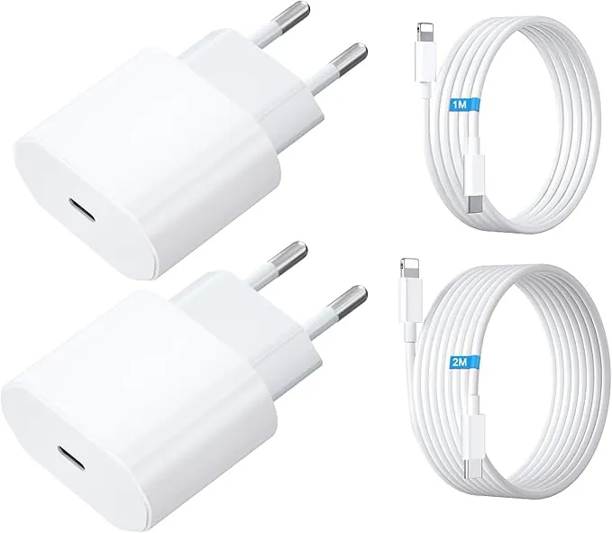 Cargador USB C Dual de 20W con Cable Lighting de 2M + Cable Lighting de 1M, Cargador para iPhone Carga Rapida para iPhone 14/13/ 12/11/ X/ 8/7