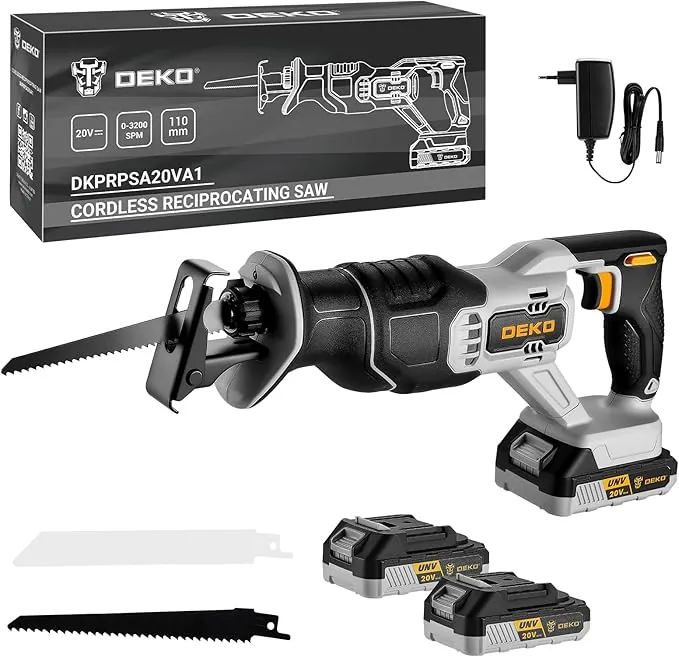 20V Sierra Sable Inalámbrica, DEKOPRO Sierra Sable Batería con 2 baterías de 2,0 Ah y 2 hojas de sierra, 0-3200 SPM, luz LED, Cambio de Hoja sin Herramientas, Para Cortar Madera y metal