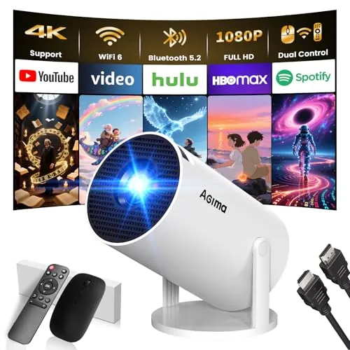 [App Integrada] Mini Proyector 2026 Upgraded Proyector Portátil, Dual Control con Ratón WiFi 6 BT5.2 180° Rotation Compatible con HDMI/TV Stick/USB/Laptop, con Ratón, Blanco