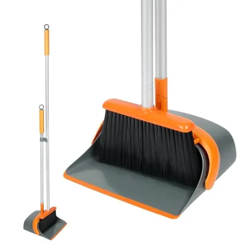 Dirty Fox Juego de cepillo y recogedor, perfecto para una limpieza eficaz en el hogar, mango de 137 cm de largo (naranja y gris)