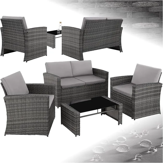 tectake® Conjunto Jardín de Ratán y Acero, Muebles Jardín Exterior, 2 Sillones, 1 Sofá, 1 Mesa con Cristal, Conjunto Terraza Resistente a Intemperie, con Cojines, Fundas Extraíbles - Gris/Gris Claro
