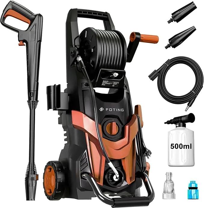 Hidrolimpiadora de Alta Presión 180 Bar, Caudal 420 l/h, Boquilla 6-in-1, 50 m²/h, con Lanza, Manguera y Depósito de Espuma 500 ml, para Coche, Jardín y Hogar