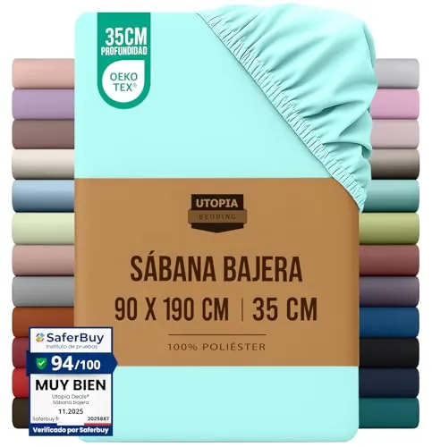 Utopia Bedding Sabana Bajera 90x190 - Azul SPA - Certificado Oeko Tex - Bolsillo Profundo - Microfibra de Poliéster Cepillado (Cama 90)