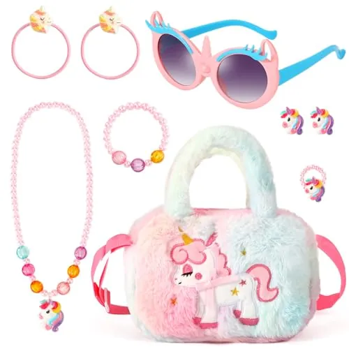 BTHRORO Peluche Unicornio Bolso Niñas Joyas Set, Unicorn Collar Pulsera Anillo Pendientes Accesorios para el Cabello Vestido de Fiesta para Niñas Regalo de Joyería