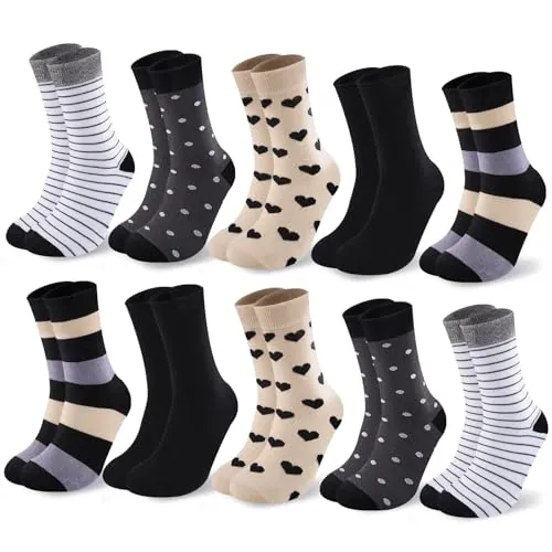 Cirorld 10 Pares Calcetines Mujer Coloridos Algodón 39-42, Medias Medianas, Deportivas Cómodas, Invernales Transpirables, Diseños Rayas & Lunares​