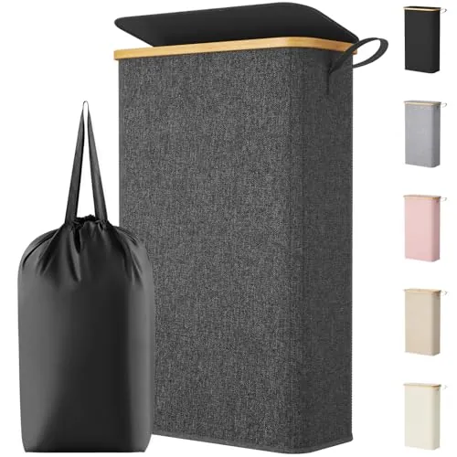Lifewit Cesto Ropa Sucia Estrecho con Tapa, Cesto de Ropa Plegable con Bolsa Extraíble y Asa, Cesta Ropa Sucia de Bambú, Cubo de Ropa para Dormitorio, Baño, Lavandería, Dormitorio, 70 L, Gris Oscuro