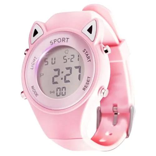 Amztour Reloj Digital Infantil con Orejas de Gato Rosas y Luces - Reloj de Pulsera Luminoso para Niñas 6-12 Años, Pantalla Retro Impermeable, Cumpleaños y Fiestas