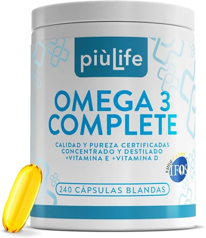Omega 3 IFOS Certificado Con Vitamina D3 2000 UI PiùLife, 240 Omega 3 Capsulas Blandas, Aceite De Pescado 2000mg Epa Y 1000mg Dha Por Dosis, Fish Oil Triglicéridos, Corazón, Vista, Huesos Y Cerebro
