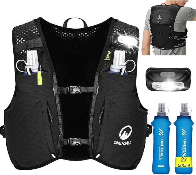 Chaleco Running Hombre Mujer con 2 Botella 500ml y Luz LED Recargable, Chaleco Hidratacion Trail Running, Mochila Hidratacion Running Vest Mochila Running para Correr Senderismo Montaña