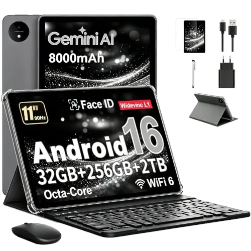 Tableta 11 Pulgadas en Gemini AI, Tableta Android 16 en Funda, Teclado & Ratón, Octa-Core, 32 GB RAM + 256 GB ROM + 2 TB TF, 1920x1200 Pantalla HD, 90 Hz, Cámara Doble 8MP + 16MP, 8000 mAh (Gris)