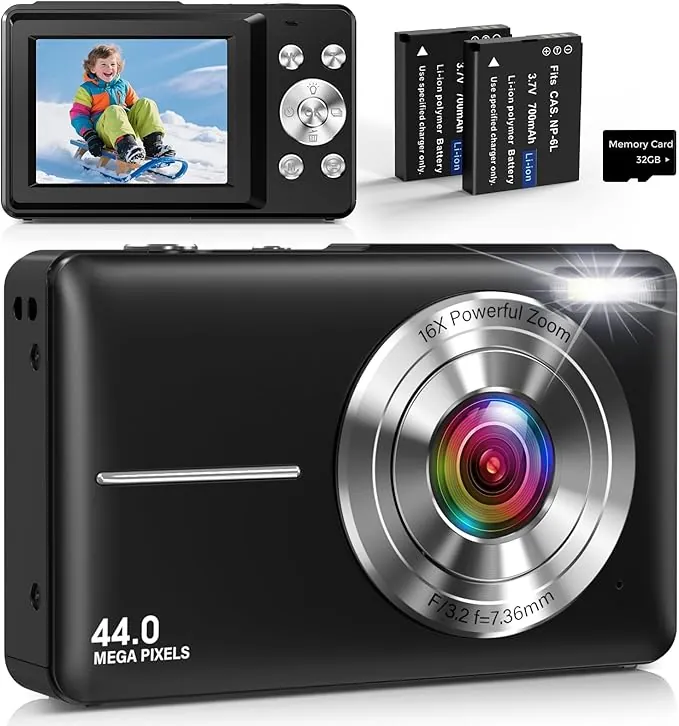 Cámara Digital Compacta Cámara de Fotos Digital 44MP 1080P con Pantalla IPS de 2,4”, Zoom Digital 16X, Antivibración, Tarjeta 32GB, 2 Baterías para Adolescentes Niños, Niñas Negro