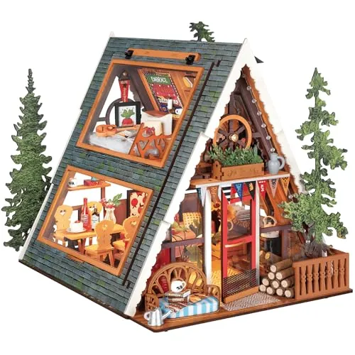 Rolife Casa de Muñecas Cabaña A-Frame Modelo de Madera Casa en Miniatura Sanación Natural Cabaña del Bosque de Cuento de Hadas Decoración del Hogar Regalo Creativo para Adultos